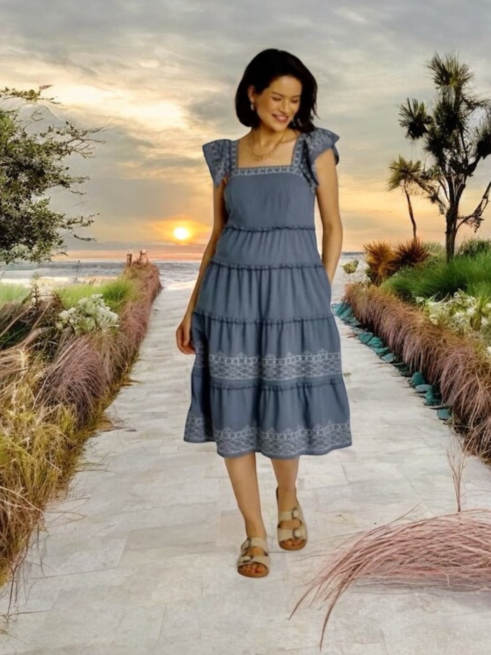 Knox Rose Square Neck Blue Grey Tiered Ruffle Embroidered Cotton LARGE Sundress - Picture 5 of 16